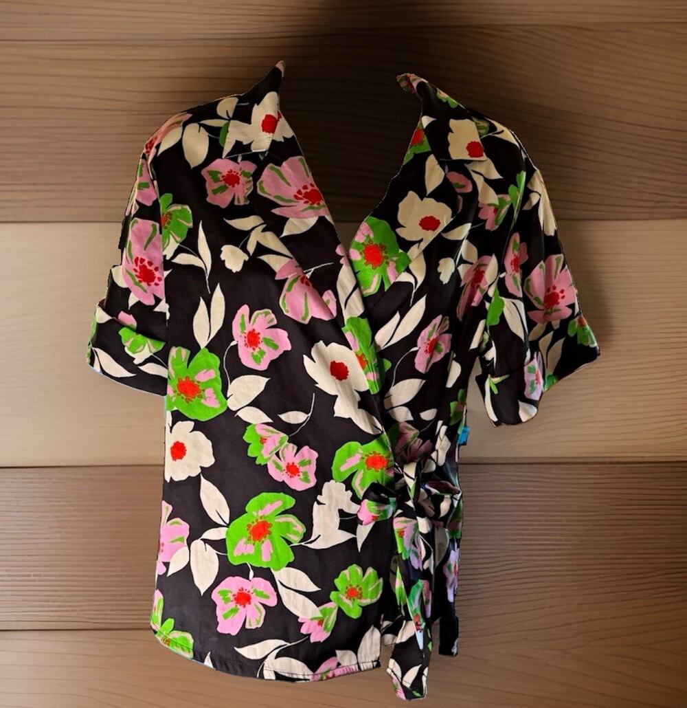 Who What Wear Black Floral Woven Collared Button-Up Blouse Short Sleeve XS